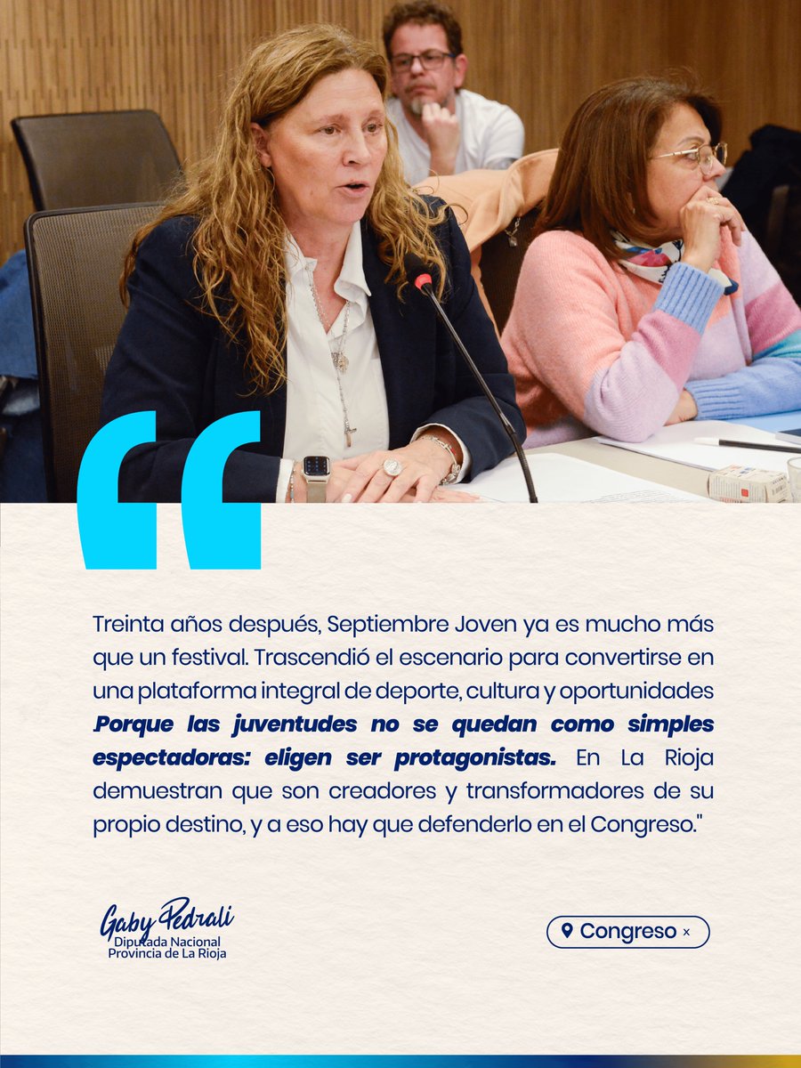 GabyPedrali's tweet photo. Septiembre Joven ya es parte de la identidad cultural de La Rioja. Lo creamos junto a un grupo de compañeros y compañeras para que las juventudes pudieran expresarse y ser protagonistas.

Esa idea sigue viva en cada nueva generación. Por eso presenté en la Cámara de Diputados una iniciativa para reconocer sus 30 años y todo lo que aportó a los jóvenes riojanos.