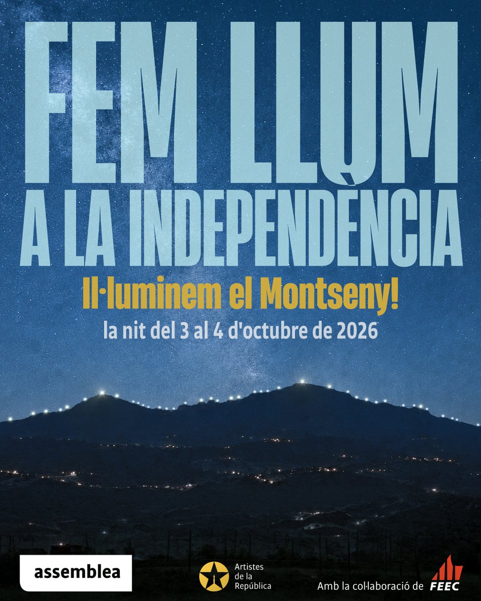 assemblea's tweet photo. ⬛️⬜️💡Tal i com hem fet amb altres cims de Catalunya, la nit del 3 al 4 d'octubre il·luminarem el Montseny, amb l'ajuda de la @FEECcat.

Ho seguirem des de Sant Esteve de Palautordera, amb el president @vila_Boix i Pau Pacheco @assembleajoves_ 

La independència és l'únic camí! https://t.co/CXGBWYP17h