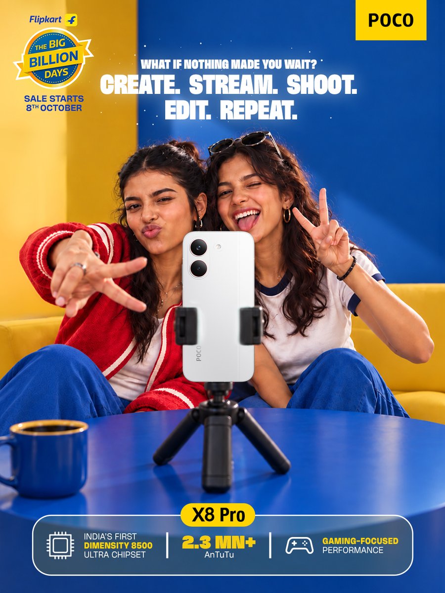 IndiaPOCO's tweet photo. If doing one thing at a time is just not your thing, meet the #POCOX8Pro. 
Powered by the Dimensity 8500 Ultra with a 2.3 Mn+ AnTuTu score, it’s built to keep up with everything your day throws at it.
And with #BBD around the corner, this might come at a price worth waiting for. https://t.co/RAIyX8nvT5