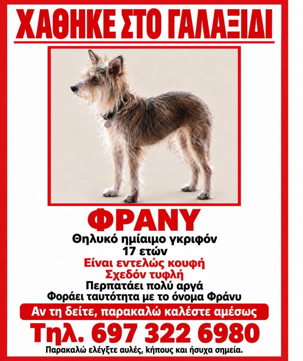 KatKatPt's tweet photo. 🆘️🆘️🆘️
Χάθηκε η Φρανυ στο Γαλαξίδι 
17 ετών δν βλέπει κ δν ακούει 
Περπατάει πολύ αργά 
Φορά ταυτότητα με το όνομα της
Αν κάποιος την εντοπίσει να καλέσει άμεσα στο τηλ
Rt 🙏 🙏 🙏 https://t.co/40j2mIkEbU