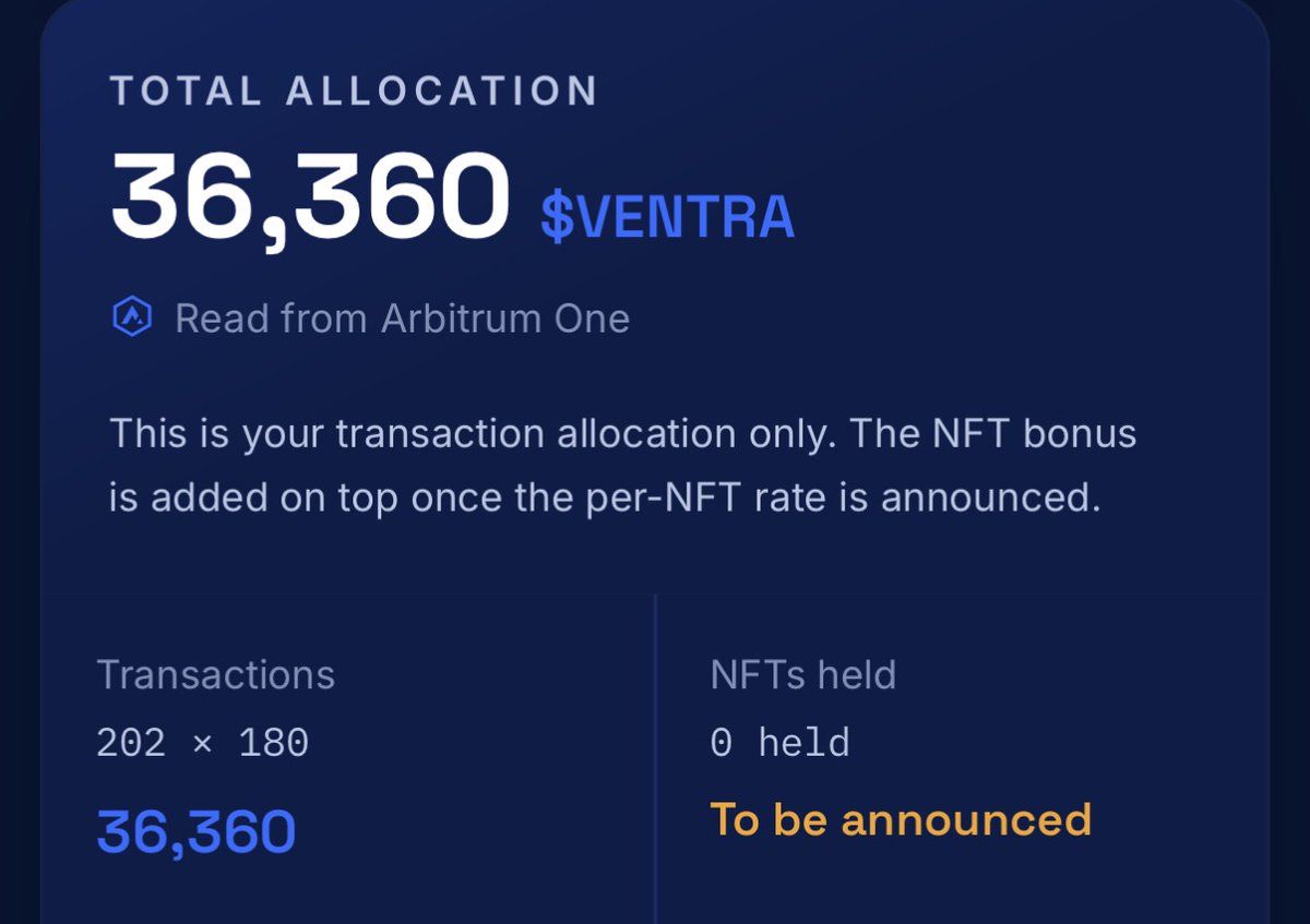 man_evolution's tweet photo. My $VENTRA allocation: 36,360 $VENTRA

Every Arbitrum One transaction I already made counts toward it. Check what you are owed:

https://t.co/Fu41uEBJUM

@ventranxyz https://t.co/Iy99dPGI6s