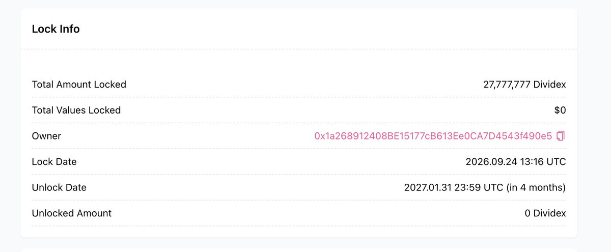dividexfinance's tweet photo. DIVIDEX’s treasury allocation is now locked. A total of 27,777,777 $DIVIDEX is secured through PinkLock until January 31, 2027.

$DIVIDEX is integrated into the platform’s stock distribution model. Users deposit at least 10,000 tokens to become eligible for allocations funded by creator fees from $DIVIDEX trading. Those fees fund treasury purchases of supported tokenized stocks, with eligible shares and claimable distributions tracked through the portfolio dashboard.

Permissionless hourly distribution cycles connect treasury funding, basket purchases, and participant allocations, giving the token a defined role within the platform on Robinhood Chain.

View the treasury lock record. 🔒
https://t.co/P6Tf9Cc5DP

https://t.co/wq8DpME9oo