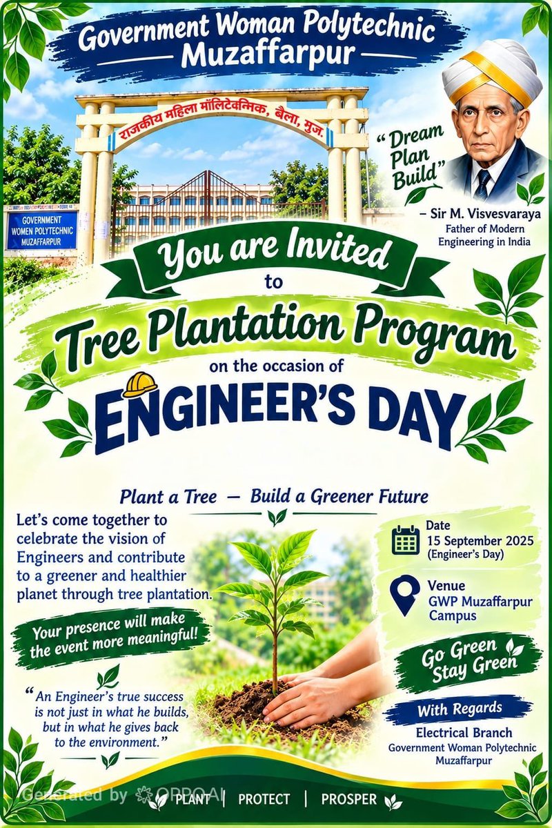 GwpMuzaffarpur's tweet photo. 🌳🌱 

Government Women’s Polytechnic, Muzaffarpur successfully conducted a Tree Plantation Programme on the occasion of Engineer’s Day with the objective of promoting environmental awareness, sustainability, and a greener campus. 🌱🌍💚
#EngineersDay #TreePlantation #GreenCampus https://t.co/1uaJ9X3Dts