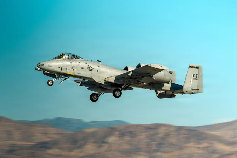 DefenceToday's tweet photo. US Air Force A-10 Thunderbolt II aircraft takes off from Nellis Air Force Base, Nevada, on Sept. 22, 2026. The flight marked the final departure of Nellis' last A-10 and honoured nearly half a century of close air support service.

📷  Airman Annika Schermerhorn / USAF https://t.co/biByf5jhwP