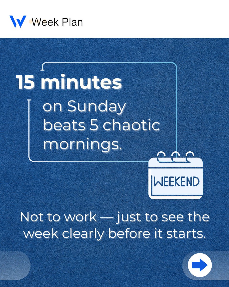 weekplan's tweet photo. Sunday planning can save you from a chaotic Monday. 🎯

Take 15 minutes to review last week, pick your top 3 tasks, and plan your time. 🎯
Start Monday knowing what matters most. 💙

🔖 Save this for your Sunday planning routine!

#weekplan #sundayplanning #weeklyplanning https://t.co/dY51DVqz3M