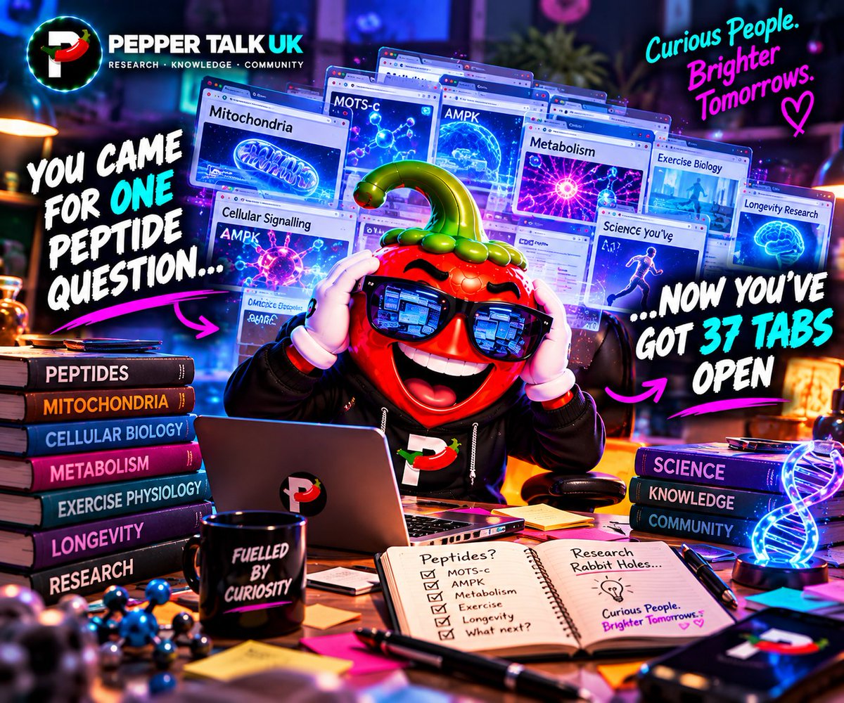 Peppertalkuk's tweet photo. 🌶️ You came for one peptide question… now you’ve got 37 tabs open. 🧬😂

Welcome to Pepper Talk UK.

🔬 We make complicated peptide research easier to understand, interesting to explore &amp; worth talking about.

Curious People. Brighter Tomorrows. 🌶️

Follow along 👀 https://t.co/k24R3O9sUf