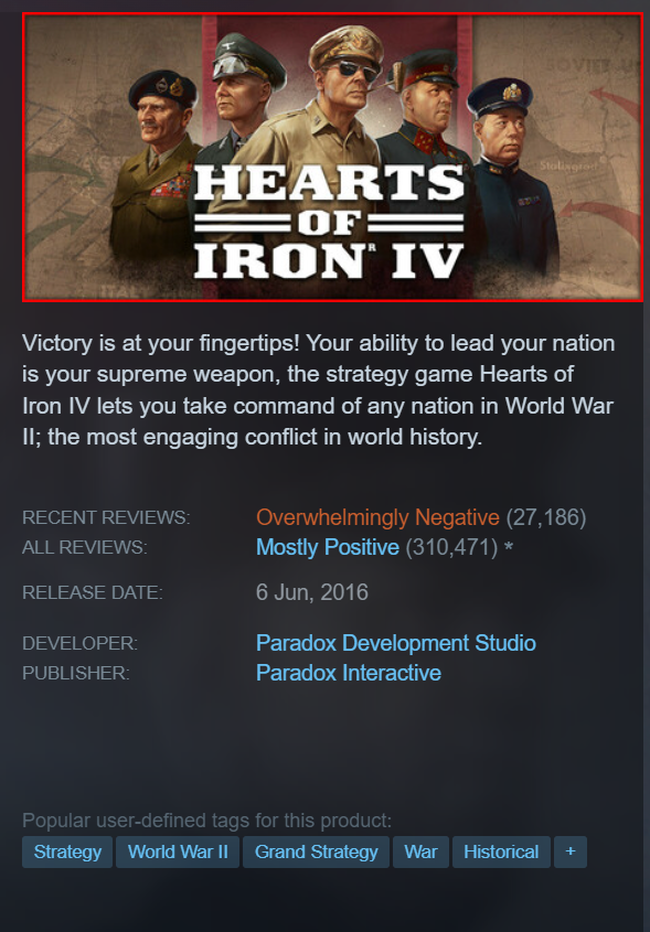 SynthPotato's tweet photo. Paradox Interactive's Hearts of Iron 4 has landed in a massive controversy with the Turkish community, and Paradox has responded:

- A Turkish player on the HOI4 Discord with an Atatürk profile picture was banned for his profile picture

- The moderators explained the Atatürk is a "controversial and polarizing" figure and therefore accounts with his photo were not allowed

- Users objecting to the ban were banned as well, new joins to the server were closed

- Turkish players responded overwhelmingly to this, the game is currently at 25,000 negative reviews, dropping the game's rating to "Overwhelmingly Negative" on Steam

- Paradox Interactive's social media accounts have been flooded with demands from Turkish players for an apology

- Turkish players are also making nationwide calls to boycott Hearts of Iron 4 and all of Paradox's games

- HOI4's Game Director Laszlo "Batya" Pieper has issued a statement today, acknowledging Atatürk's importance to Turkish people and that the bans will be reviewed as the rules have not been applied consistently

I am not Turkish, but I am based in Türkiye. And I can confirm that if you spend even a minute in here, you'd understand how important Atatürk is to Turkish people. There are statues of him everywhere, photos of him in every classroom, and he is celebrated in every single corner of this country. Paradox seriously messed up here, especially as games like Hearts of Iron are HUGE in Turkey, and Turkish players represent a massive chunk of this game's player-base. 

"Atatürk" is a title that quite literally translates to "Father of the Turks", so that should give you an idea of how important he is to Turks and everyone who lives in Türkiye.

Paradox really should come out with a proper apology ASAP.