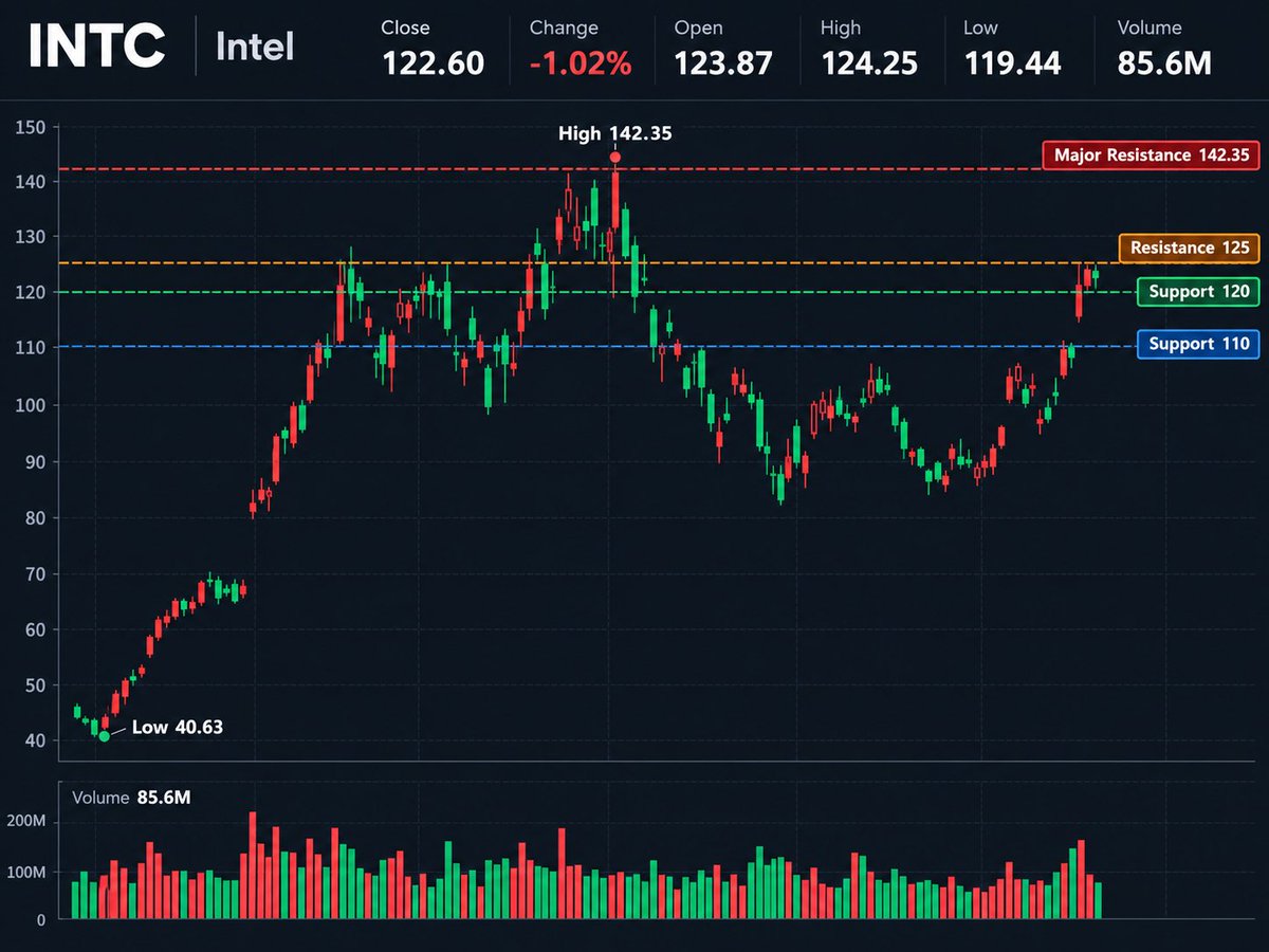 AUTIGER222's tweet photo. $INTC is entering an important technical zone after a major recovery.

Intel Daily Data:

💰 Close: $122.60
📉 Change: -1.02%
🔼 High: $124.25
🔽 Low: $119.44
📊 Volume: 85.6M shares
The bigger picture:
Low: $40.63
High: $142.35
Current: $122.60
My take: Intel has completed a powerful recovery, but now it is testing a major resistance area.
Key levels:

🟢 Support: $120 / $110
🔴 Resistance: $125 / $130
🚀 Major breakout: $142.35

A strong move above $130 with volume could change the technical picture.
#INTC #Intel #Semiconductors #AIStocks #StockMarket #Trading #WallStreet #TechnicalAnalysis