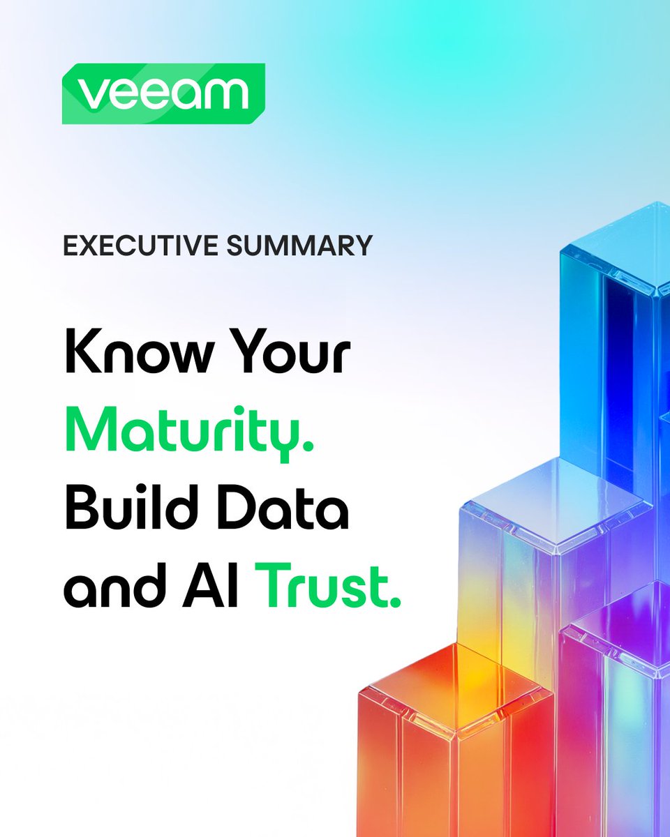 Veeam's tweet photo. Nearly 7 in 10 orgs say AI is embedded across multiple business functions or central to operations. But adoption alone doesn’t build trust. See how our new Data and AI Trust Maturity Model helps benchmark readiness for safe AI at scale: https://t.co/eAFCz16VDp https://t.co/HeYxsizLNs