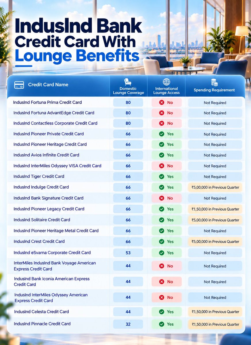 LoungeInsider's tweet photo. IndusInd Bank currently offers airport lounge benefits on 20 credit cards. 

We went through all of them to put together a simple breakdown of what each card offers. 

The list covers domestic airport lounge coverage, international lounge access, and spending requirements for each card.

There are a few interesting things in the data. Out of the 20 cards, 12 offer international lounge access, while 14 cards have no spending condition for lounge access.

Sharing the complete list below 👇

#ccgeeks #IndusIndBank #CreditCards #AirportLounge