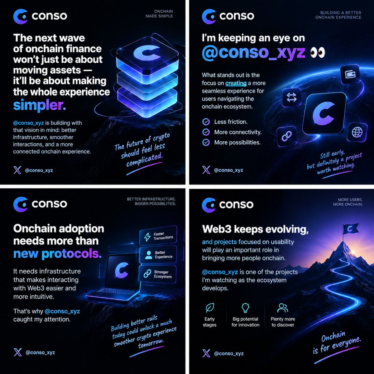 Sajibbro1's tweet photo. Onchain adoption needs more than new protocols.

It needs infrastructure that makes interacting with Web3 easier and more intuitive.

That’s why @conso_xyz  caught my attention.

Building better rails today could unlock a much smoother crypto experience tomorrow. 🚀 https://t.co/G6PZTSt1LI