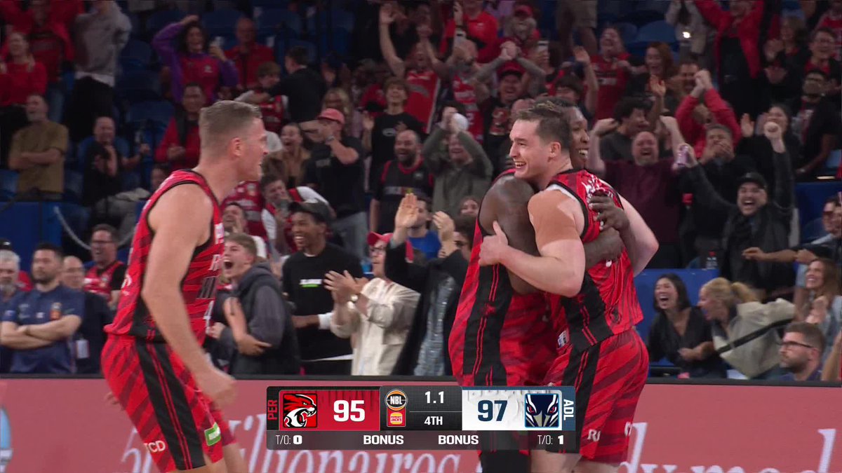 Perth Wildcats players celebrate a thrilling victory over the Adelaide 36ers, with the scoreboard showing the Wildcats edging out a 97-95 win with just 1.1 seconds left in the 4th quarter, as the jubilant crowd erupts in celebration of Elijah Pepper's game-winning shot.