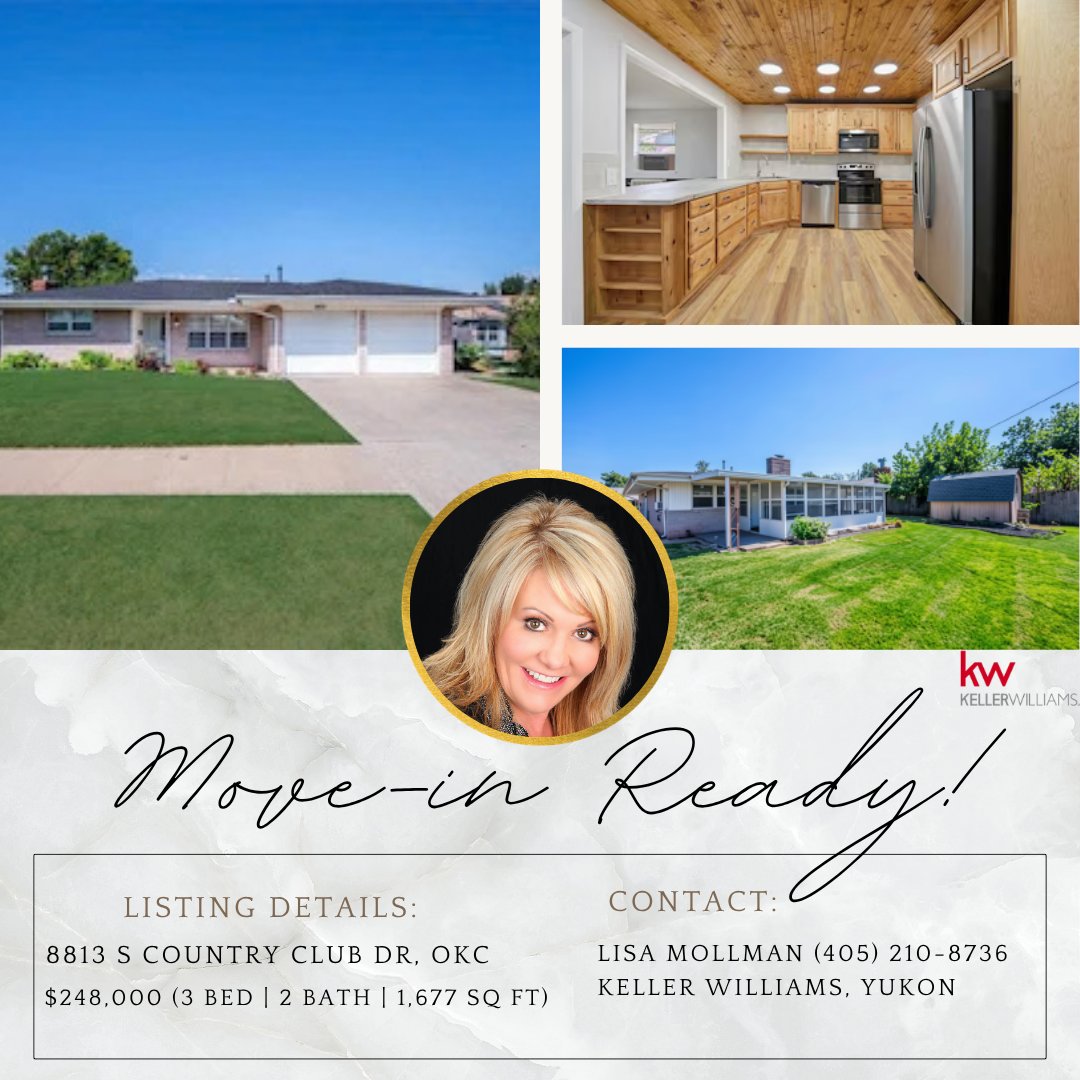 OKCHomesByLisa's tweet photo. Open House this Sunday Sept. 27 from 2-4pm! 8813 S Country Club Dr checks so many boxes: Moore schools, no HOA, fully updated, new roof, fenced yard, and move-in ready. $248,000. Let’s get you inside.

Lisa Mollman (405) 210-8736 | Keller Williams, Yukon https://t.co/dhNlLrE4Vk