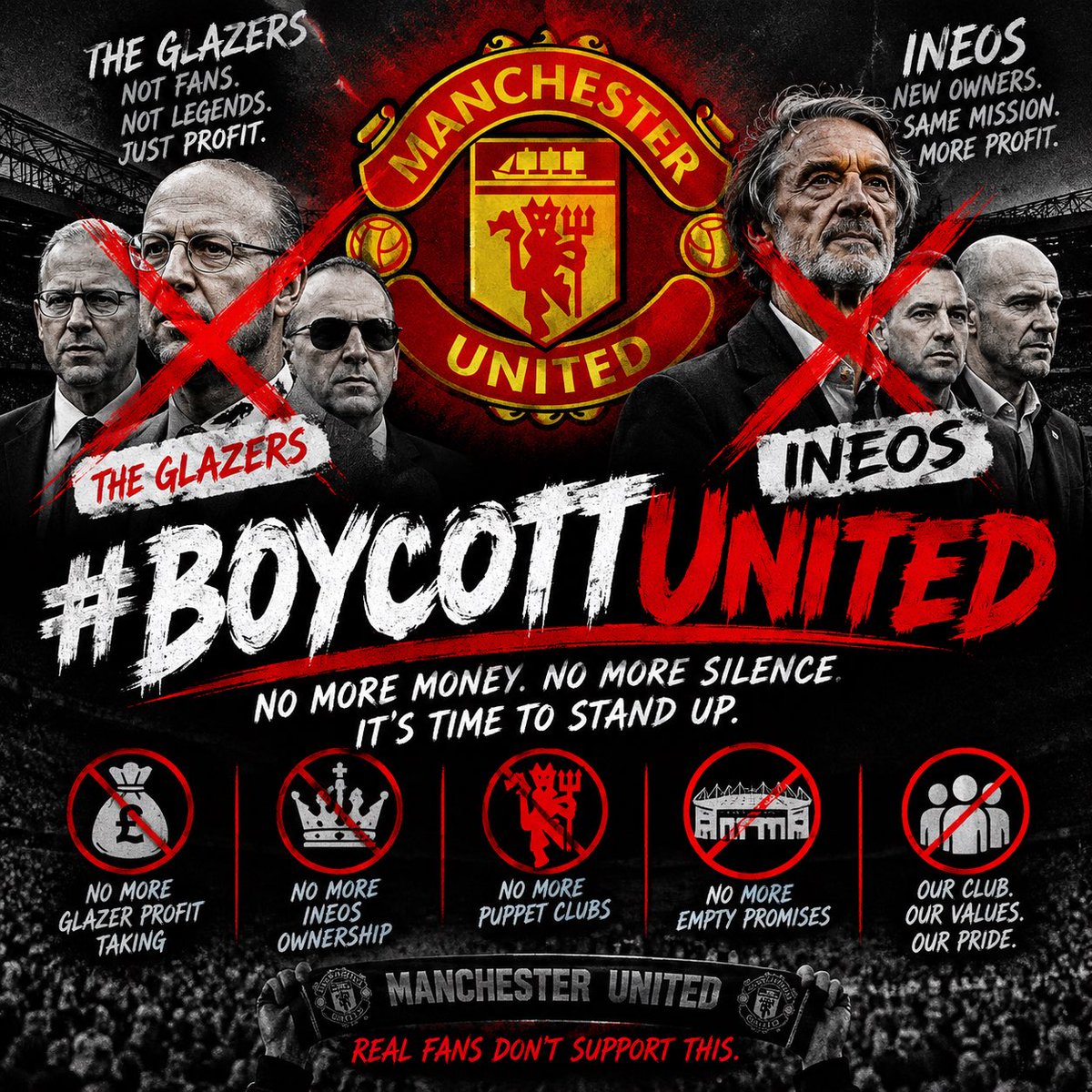 TheTruthChief's tweet photo. THE MESSAGE IS SIMPLE!!

#GlazersOut #IneosOut #BoycottUnited #BoycottManUtd https://t.co/zzyj2COcMk