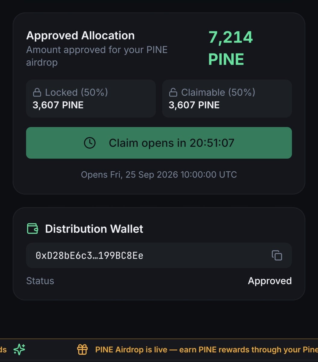 PinetSwap's tweet photo. 🚨 BIG $PINE UPDATE! 🚨

The wait is almost over. 👀

Your $PINE Airdrop allocation is now available! 🎁

Go to the PINE Airdrop page on PinetSwap and check your approved allocation. Your personal reward amount is now visible.

🔥 Here’s what’s next:

📊 Allocation: LIVE — Check yours now
✅ Claiming: Friday, 25 September at 10:00 UTC
🚀 $PINE Trading: Saturday, 26 September at 10:00 UTC

Yes — $PINE trading is officially coming this Saturday. 🔥

After all the campaigns, participation, and community support, we’re finally entering the next chapter of the PINE journey.

Check your allocation.
Be ready to claim.
And get ready for $PINE trading.

The biggest moment is almost here. 🚀

#PinetSwap #PINE #SidraChain #Web3 #Crypto