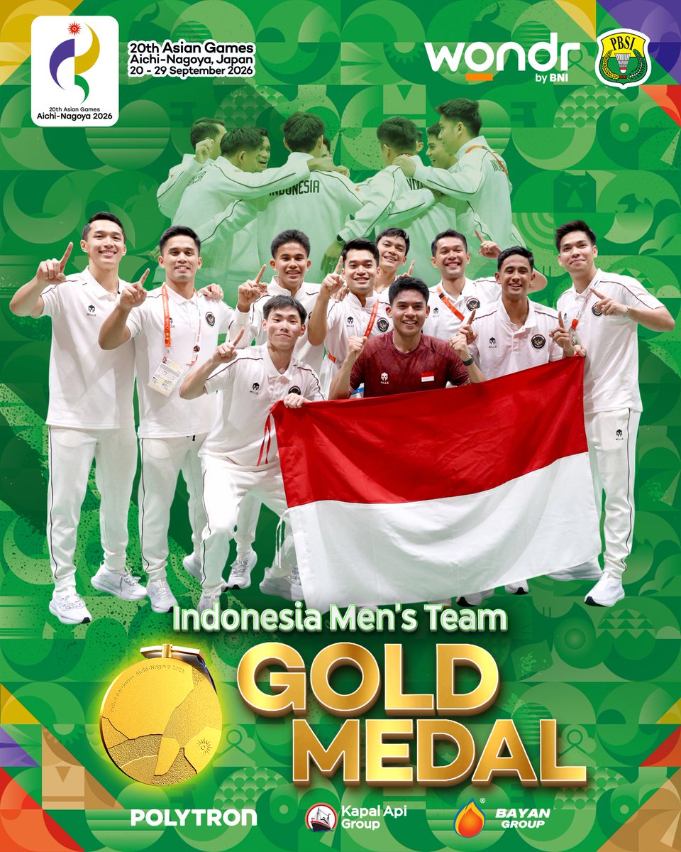 INABadminton's tweet photo. KAMI PERSEMBAHKAN MEDALI EMAS UNTUK INDONESIA TERCINTA🥇🇮🇩

BAGIMU NEGERI, JIWA RAGA KAMI!! 

#BadmintonIndonesia #AsianGames2026 https://t.co/pLXsJyxIlv