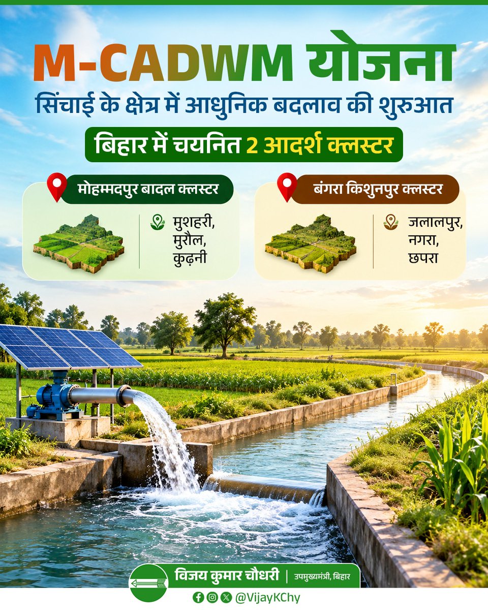 VijayKChy's tweet photo. किसानों को बेहतर सिंचाई सुविधा और जल के प्रभावी उपयोग को बढ़ावा देने की दिशा में Micro Irrigation – Command Area Development and Water Management (M-CADWM) योजना के तहत बिहार में दो आदर्श क्लस्टरों का चयन किया गया है।

मोहम्मदपुर बादल क्लस्टर  तथा बंगरा किशुनपुर क्लस्टर क्षेत्र शामिल हैं।

आधुनिक सिंचाई तकनीक और बेहतर जल प्रबंधन के माध्यम से किसानों को सुविधा देने एवं बिहार की सिंचाई व्यवस्था को और सुदृढ़ करना हमारा लक्ष्य है।
#irrigationsystem #microirrigationsystem #watermanagement #bihar 

@Jduonline @WRD_Bihar