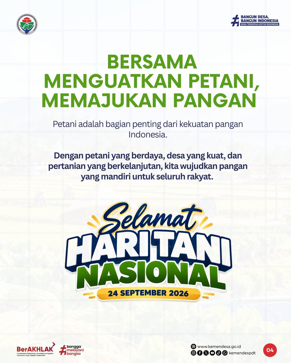 kemendespdt's tweet photo. Petani adalah bagian penting dari fondasi kemandirian pangan nasional. Melalui Dana Desa Tahun 2026, desa dapat memperkuat ketahanan pangan dan ekonomi masyarakat.

Bersama menguatkan petani, memajukan pangan, dan membangun desa yang mandiri serta berkelanjutan. 🌱 https://t.co/0oTnCL76AX