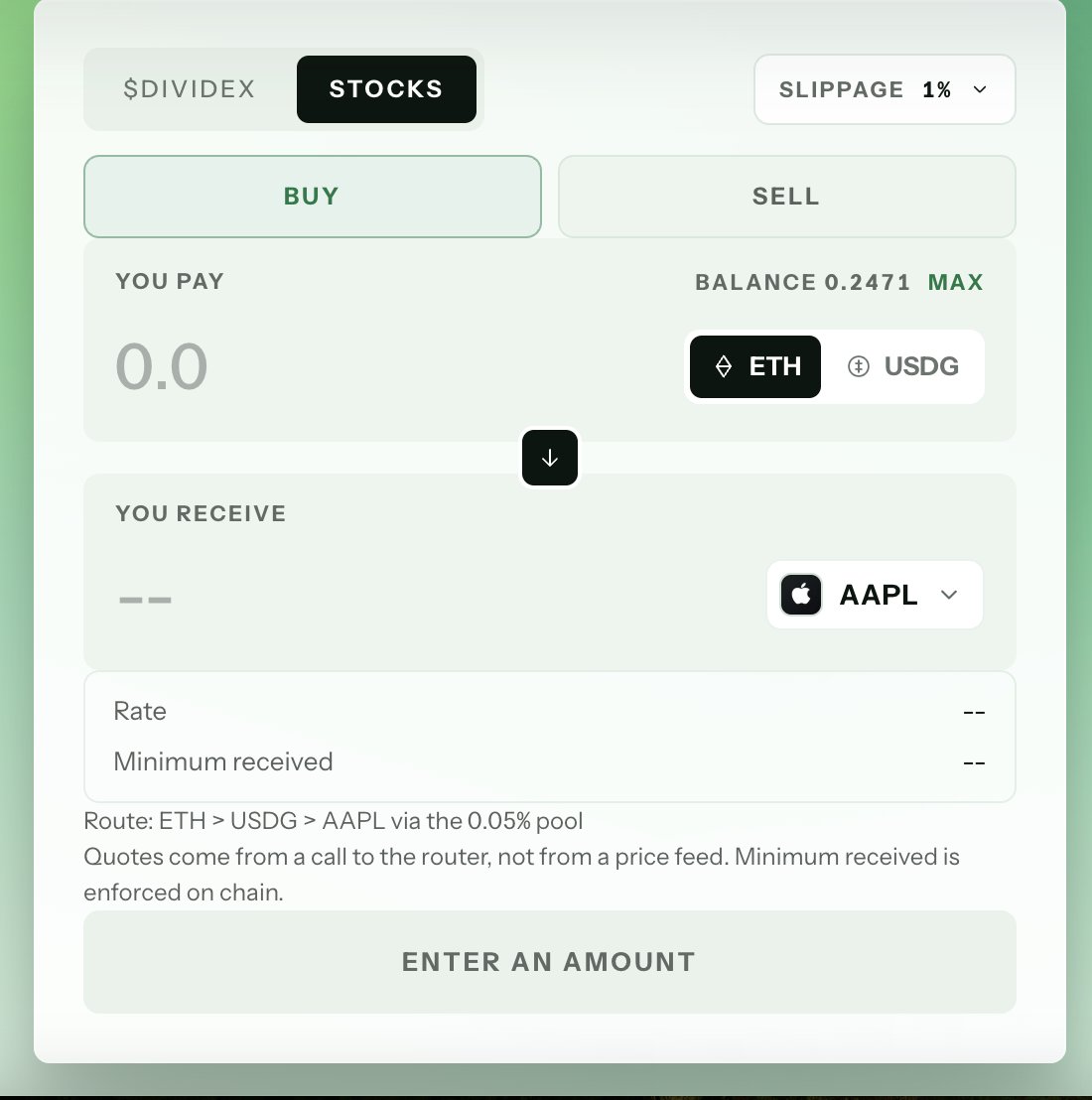 dividexfinance's tweet photo. Trade tokenized stocks directly through DIVIDEX.

Buy and sell supported assets using ETH or USDG, with quotes sourced directly from the swap router. For the AAPL route shown, ETH converts through USDG before reaching the stock’s 0.05% fee-tier pool.

Configurable slippage tolerance and an onchain minimum-received constraint define execution limits, while the interface displays the route, quoted rate, and minimum output before submission.

@PonsEcosystem 

https://t.co/xiPlmLVMhm
