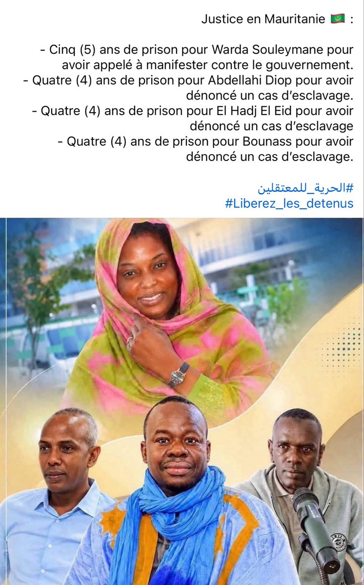 frauleinmei's tweet photo. La militante mauritanienne Warda Souleimane a été condamnée à 5 ans de prison, dont 3 ferme, après avoir critiqué le gouvernement et dénoncé des cas d’esclavage.
À l’annonce du verdict, elle a crié : “Je vaux mille hommes ! À bas le régime des tyrans !”
#Mauritanie https://t.co/Iq62aGHfvF