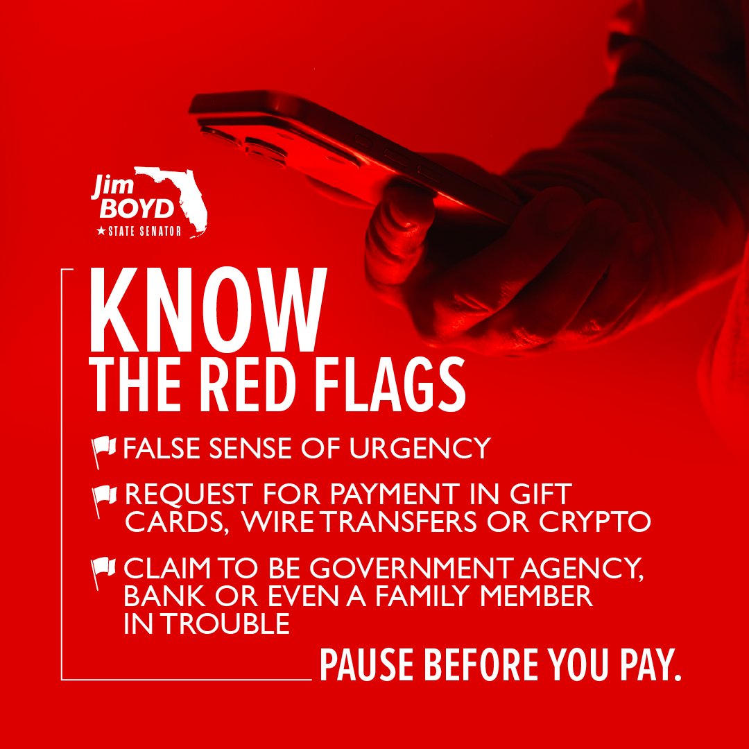 JimBoydFL's tweet photo. Know the red flags of fraud!

👀 Scammers often create a sense of urgency, ask for payment in gift cards, wire transfers or crypto, or claim to be a government agency, bank or even a family member in trouble. Never convert cash to non-traceable forms of payment.

If something feels off, trust your gut and don't act right away. Verify the source of the request.

If you suspect you may have been the victim of fraud, you can report the scam at >> https://t.co/GOkoIMePz0