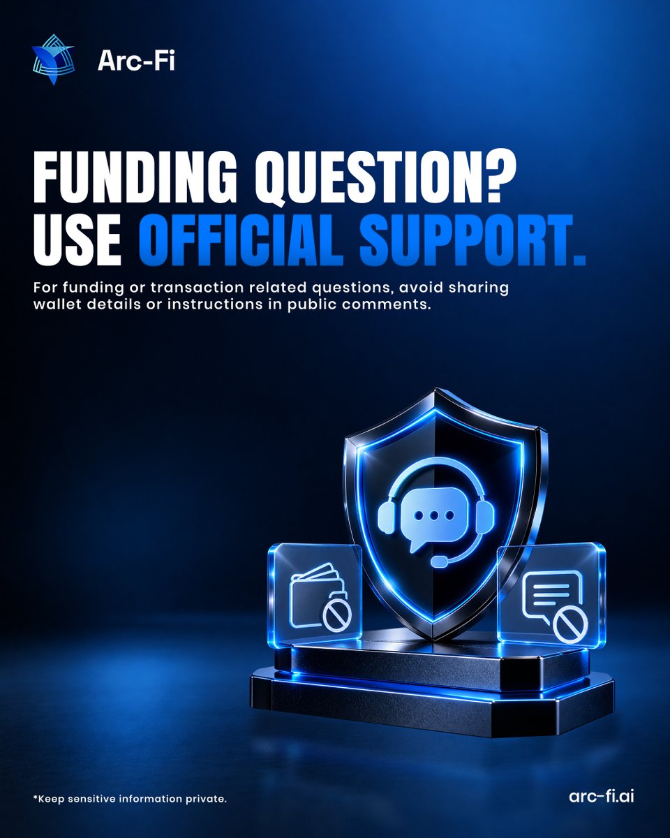ArcFiLimited's tweet photo. Funding question? Use official support. 🔐

For funding or transaction-related questions, always use Arc-Fi’s official support channels and avoid sharing wallet details or sensitive information publicly.

Keep sensitive information private.

Learn more at https://t.co/H7uFrQSlkP https://t.co/ZVu0VcYvE8