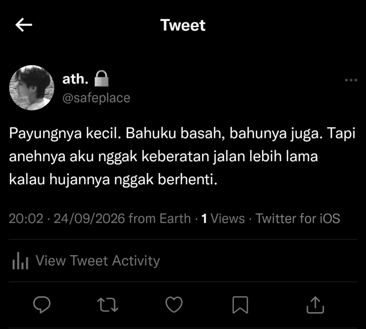clovantea's tweet photo. #taekook AU

— 𝒓𝒆𝒎𝒊𝒔𝒔𝒊𝒐𝒏

Jian pernah kehilangan banyak hal demi bertahan hidup. Hingga di masa remisi, ia bertemu Athar—seorang asing yang datang bersama hujan, lalu perlahan mengajarinya bahwa hidup tak selalu tentang menunggu kehilangan. https://t.co/L4yQntAZk0