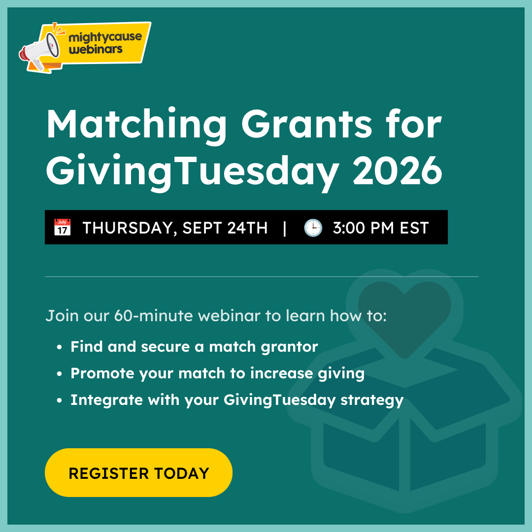 mightycause's tweet photo. Matching grants create urgency, inspire donors, and multiply what you raise. 💪

Join Mightycause on Thursday, September 24th at 3:00 PM ET for a free webinar on how to find, land, and promote a match that can double your giving for GivingTuesday 2026.

📅 Thursday, September 24th | 3:00 PM EST
Register here: https://t.co/4fnD8UTu1d