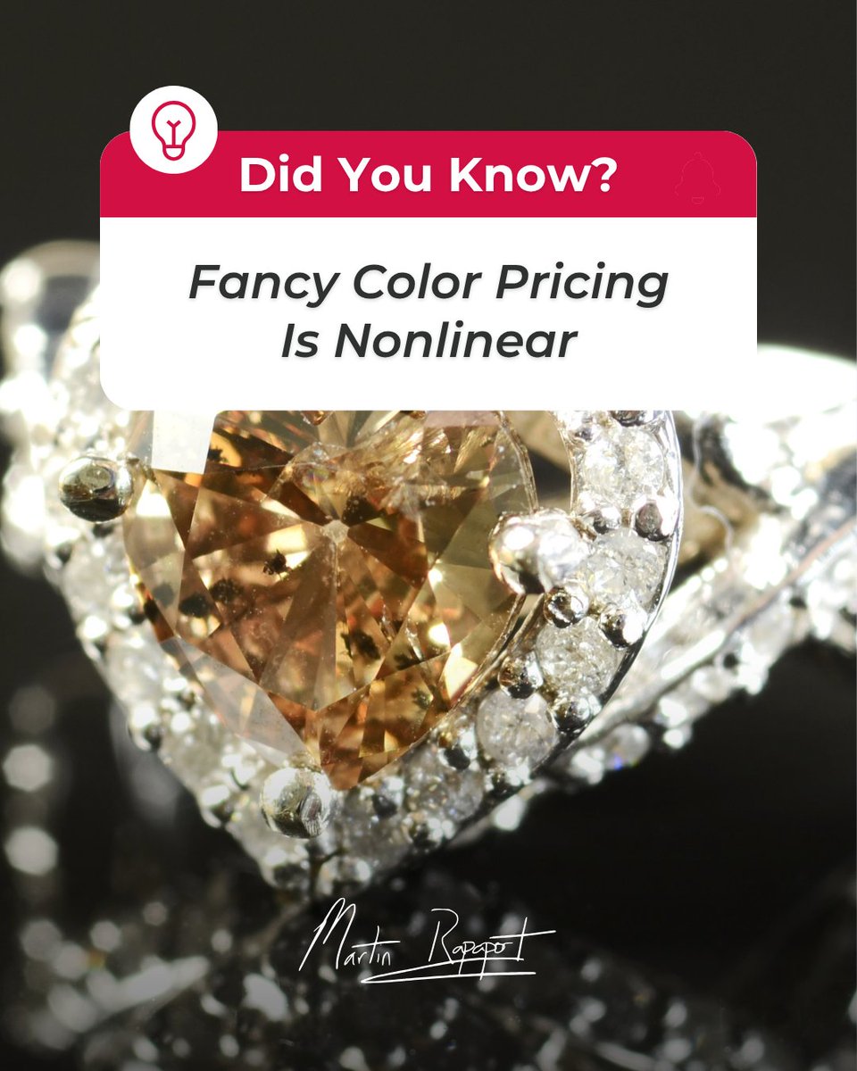MartinRapaport's tweet photo. 💎 Did You Know? Fancy-color diamond pricing does not follow the same linear structure as colorless diamonds. Small changes in hue, saturation, or modifier can result in significant price differences.

 Which color factor do you see impacting price the most in today’s market?

#FancyColorDiamonds #DiamondPricing #RareGems
