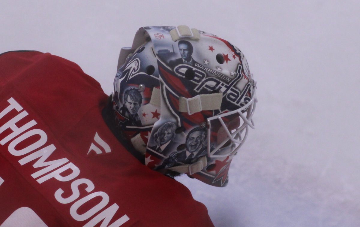 sammisilber's tweet photo. More shots of Logan Thompson's new mask. Believe it's "Wedding Crashers" themed. https://t.co/ehJBrtPc2S