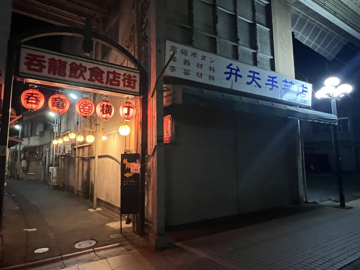 harune_log's tweet photo. ちなみに、夜の弁天通りはまた違った雰囲気👻

赤い提灯が灯る呑龍飲食店街と、隣にある『近畿地方のある場所について』にも登場した弁天手芸店が怪しげな雰囲気

人通りの少ない夜の商店街は、まさにホラー映画の世界みたい https://t.co/f25d94ceTX
