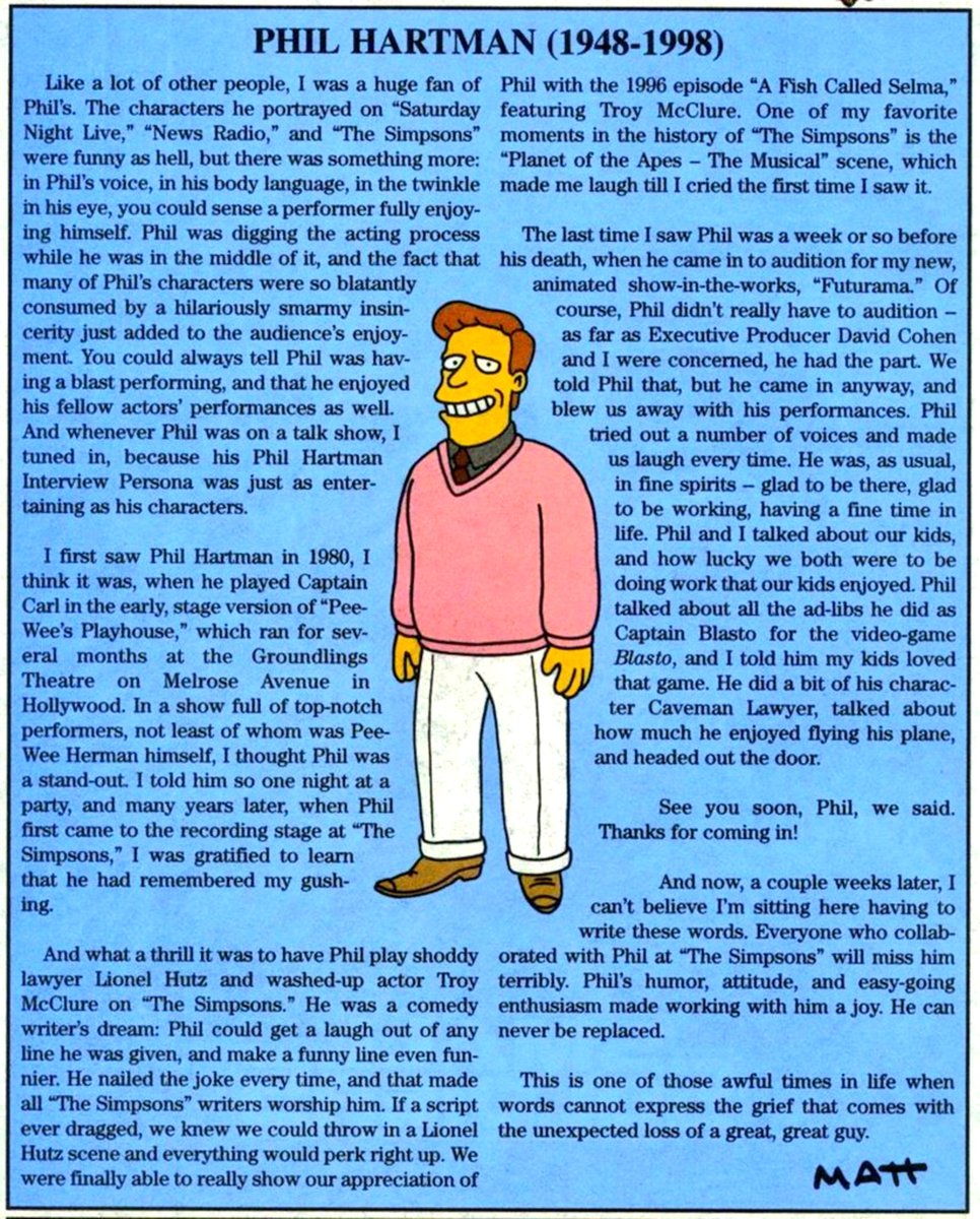 Cambone88's tweet photo. Today would have been Phil Hartman's 78th Birthday

Here is a tribute for Phil Hartman from Matt Groening from @TheSimpsons comic Issue #37.

#TheSimpsonsGoats #TheSimpsons #SimpsonsForever https://t.co/ECRLHfZMuM