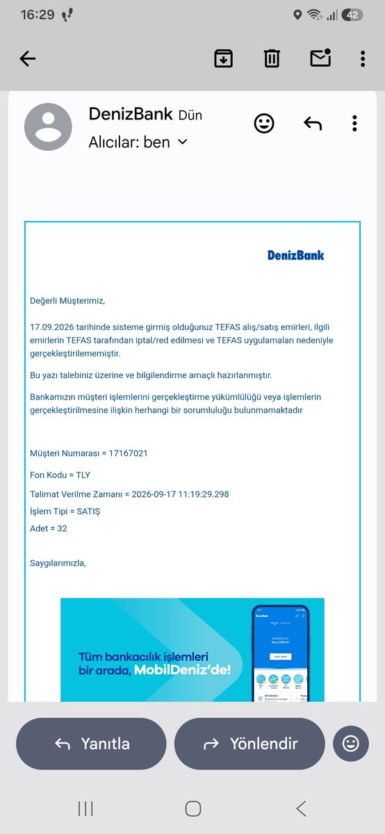 Zynptp3's tweet photo. @DenizBank 17 Eylül saat 11.01'de #tly kodlu fon için girdiğim satış emrinin tefas kaynaklı gerçekleşmediğine dair aldığım e-mail üzerine bankanızı arayıp emir kayıt logunu talep ettim ve alamadım. Neden? Bu kayıt kanıttır! https://t.co/Jbb4PTvu9V