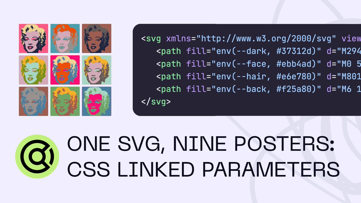 webstandardsdev's tweet photo. One SVG, nine posters: CSS link-parameters. @pepelsbey_dev passes colors into an external SVG with link-parameters and param(), while the file's own env() fallbacks keep it working everywhere else. Experimental in Firefox Nightly and Safari TP. #css #svg

https://t.co/LRmq4TJ769 https://t.co/txr2bqAAYO