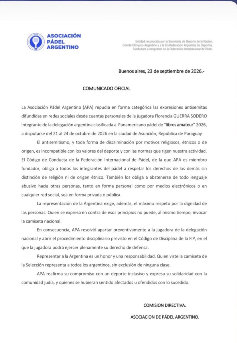 TugoNews's tweet photo. Descalificaron a una jugadora de pádel por “ANTISEMITISMO”, iba a representar a Argentina en un torneo panamericano de clubes. Si en vez de “judíos” ponía “negros de mierda” hubiese pasado sin pena ni gloria, ya sabemos que comunidad es intocable, le terminaron dando la razón https://t.co/4UHHakiCLJ