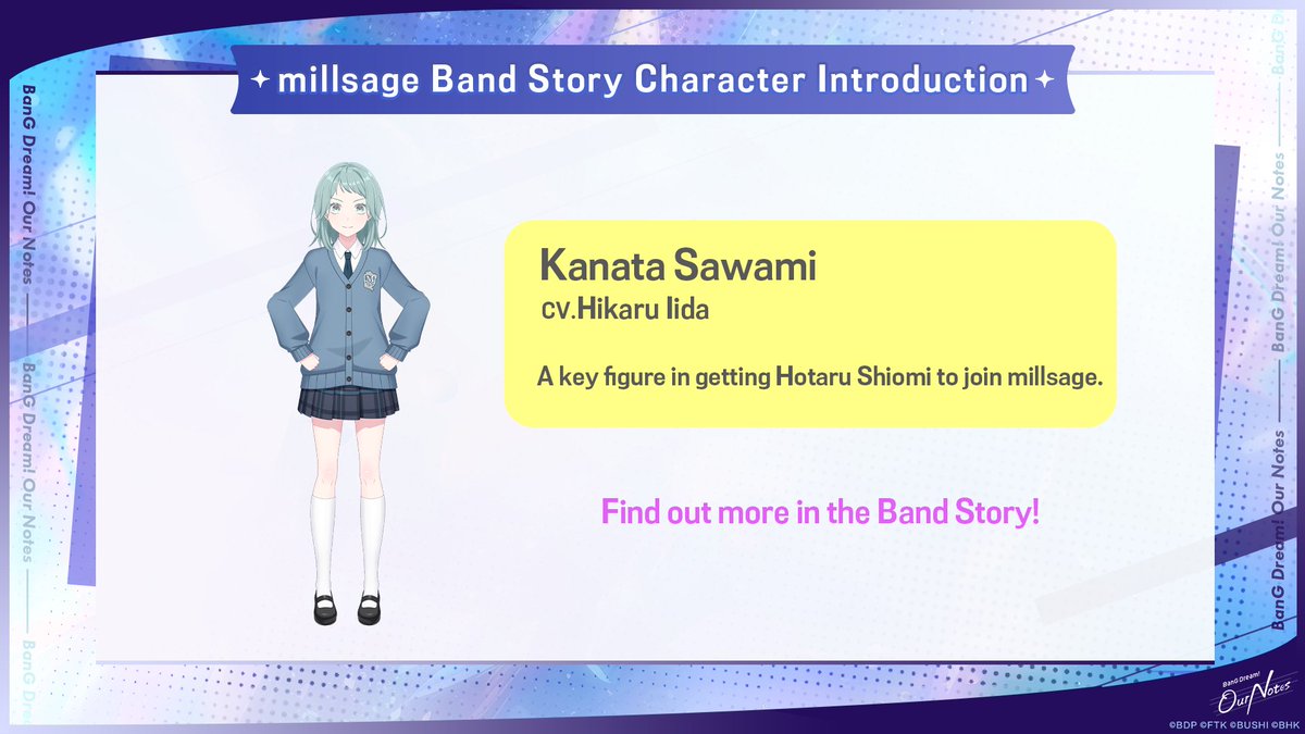 bangdreamon_EN's tweet photo. 📢 "BanG Dream! Our Notes" Launch Content Introduction ①

"BanG Dream! Our Notes" is now officially released! Here's an introduction to the related content for everyone!

🎁 Friend Invitation Feature
Invite friends to play "BanG Dream! Our Notes" together and earn generous rewards! Invite 1 friend to get Star*150, and invite up to 10 friends to earn a cumulative total of Star*1500 ✨
Invited friends will also receive Star*500!

💫 Introducing "Kanata Sawami"
Discover more about her story in the millsage Band Story in-game! 📚

🎵 Brand-New Cover Song
On October 3 at 15:00(UTC+9), MyGO!!!!!'s brand-new cover song "Eat The Past" will be added. Stay tuned! 💫

#BanGDream #OurNotes #OurNotesGlobalLaunch