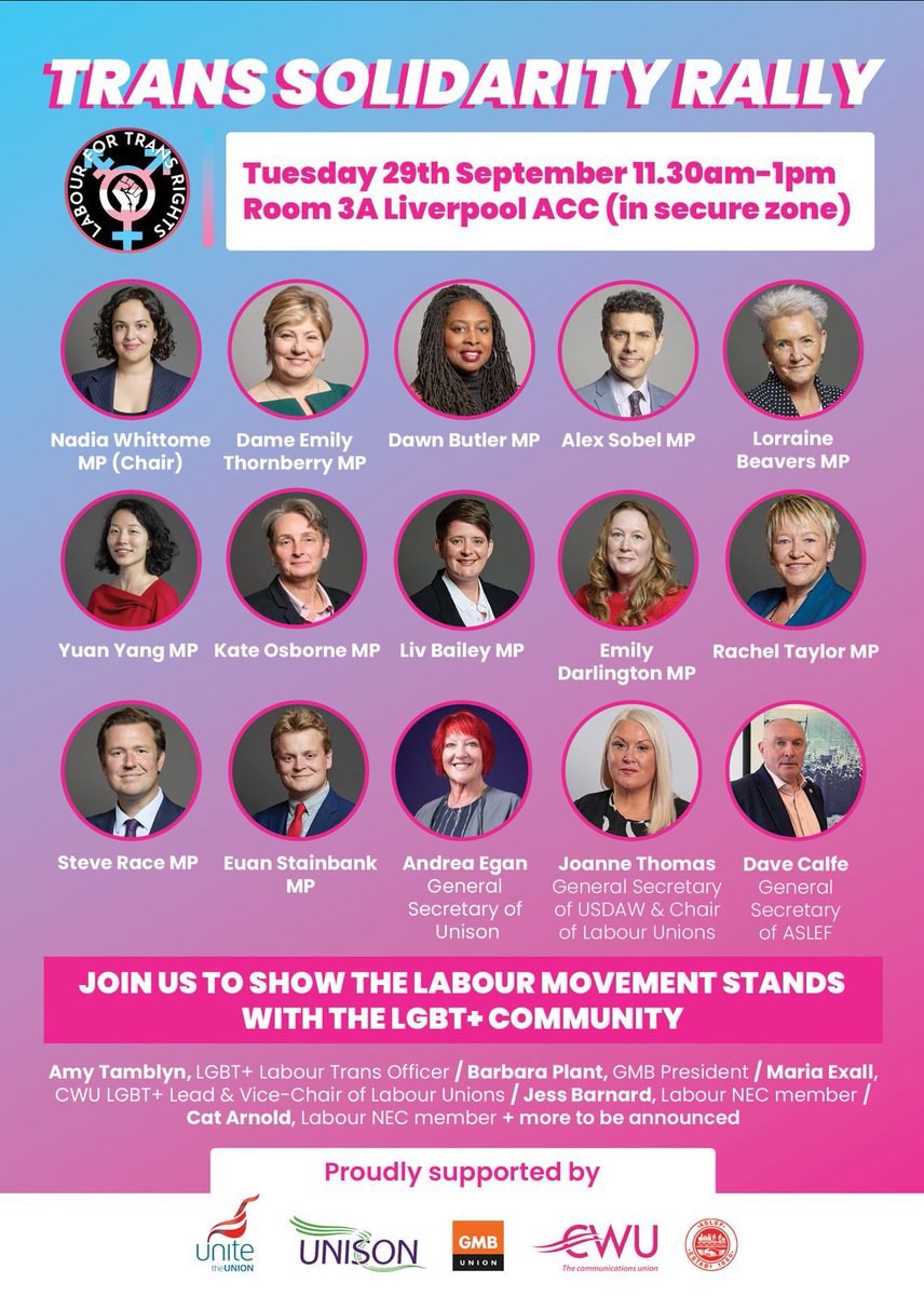 Lab4TransRights's tweet photo. We’re so excited to announce this year’s Labour for Trans Rights Rally 🏳️‍⚧️🌹

If you’re at Labour Conference, join us to say loud and clear that the labour movement stands with the trans community 👇 https://t.co/OI8u2N8XnF