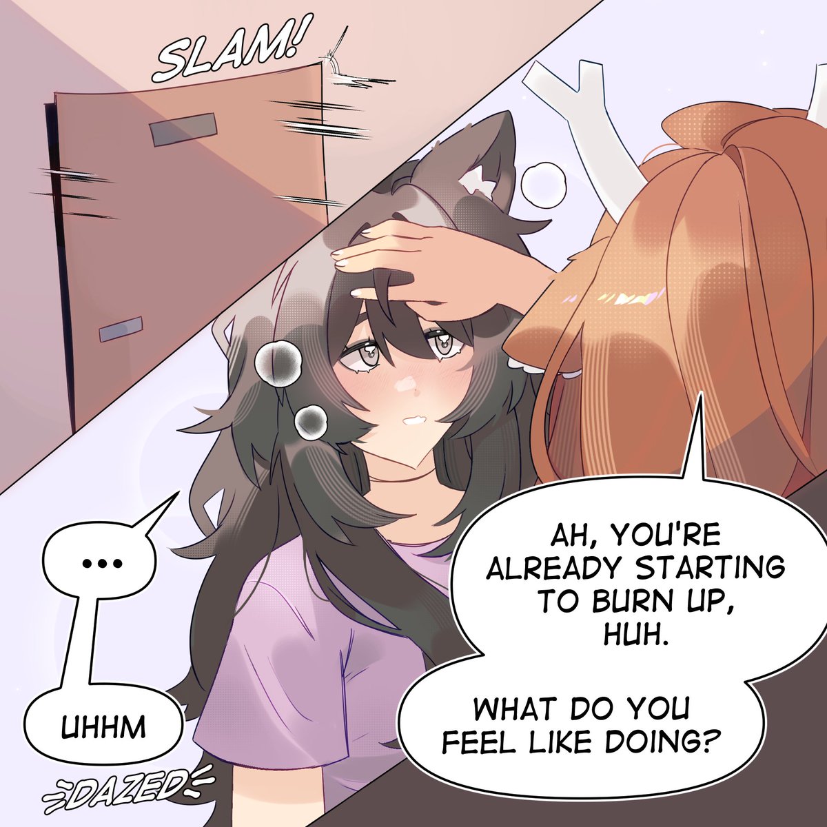 kindofpure's tweet photo. Visiting during her GF's heat (they make it exactly one step into the apartment)

#yuri #pawfectpair https://t.co/RsFgCieerr