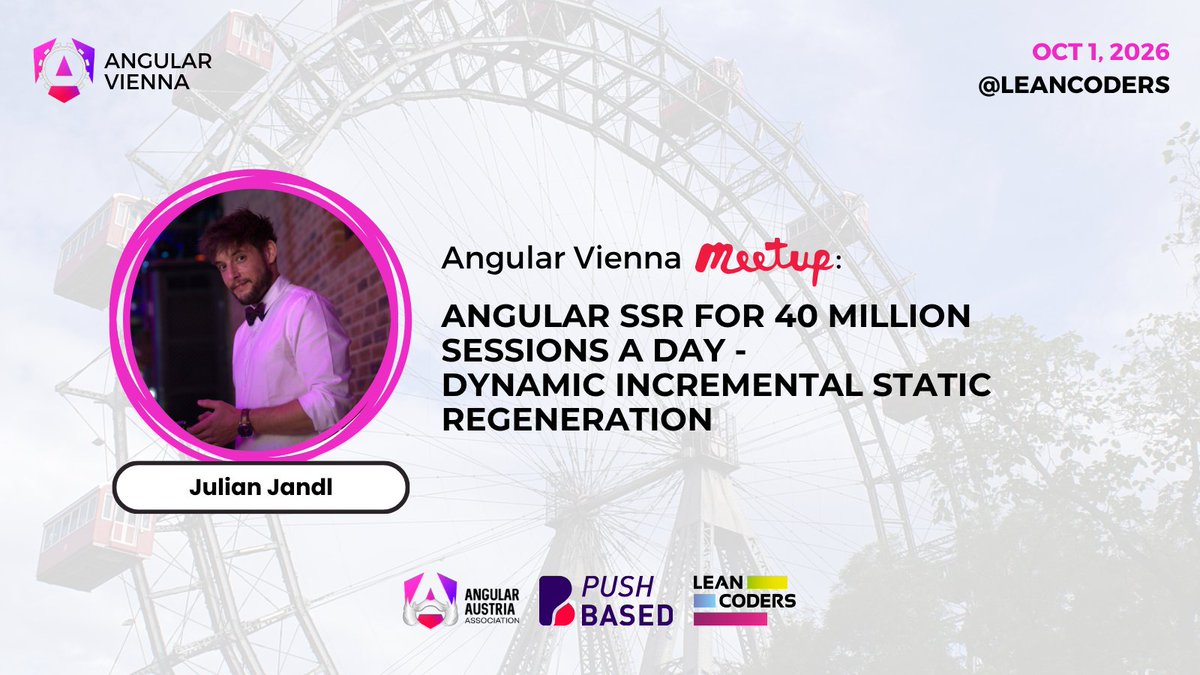 AngularAustria's tweet photo. 🎤 𝗡𝗲𝘅𝘁 𝘀𝗽𝗲𝗮𝗸𝗲𝗿!
𝗝𝘂𝗹𝗶𝗮𝗻 𝗝𝗮𝗻𝗱𝗹 (@hoebbelsB) is back at 𝗔𝗻𝗴𝘂𝗹𝗮𝗿 𝗩𝗶𝗲𝗻𝗻𝗮 👏

🚀 Angular SSR for 40 Million Sessions a Day
From ~10.5s to ~2.7s p75 LCP across 40 brands.

🗓 Oct 1, 18:00
📍 LEAN-Coders
👉 https://t.co/mSb1lxs19R

#Angular #SSR https://t.co/vjz9BK2Gcz