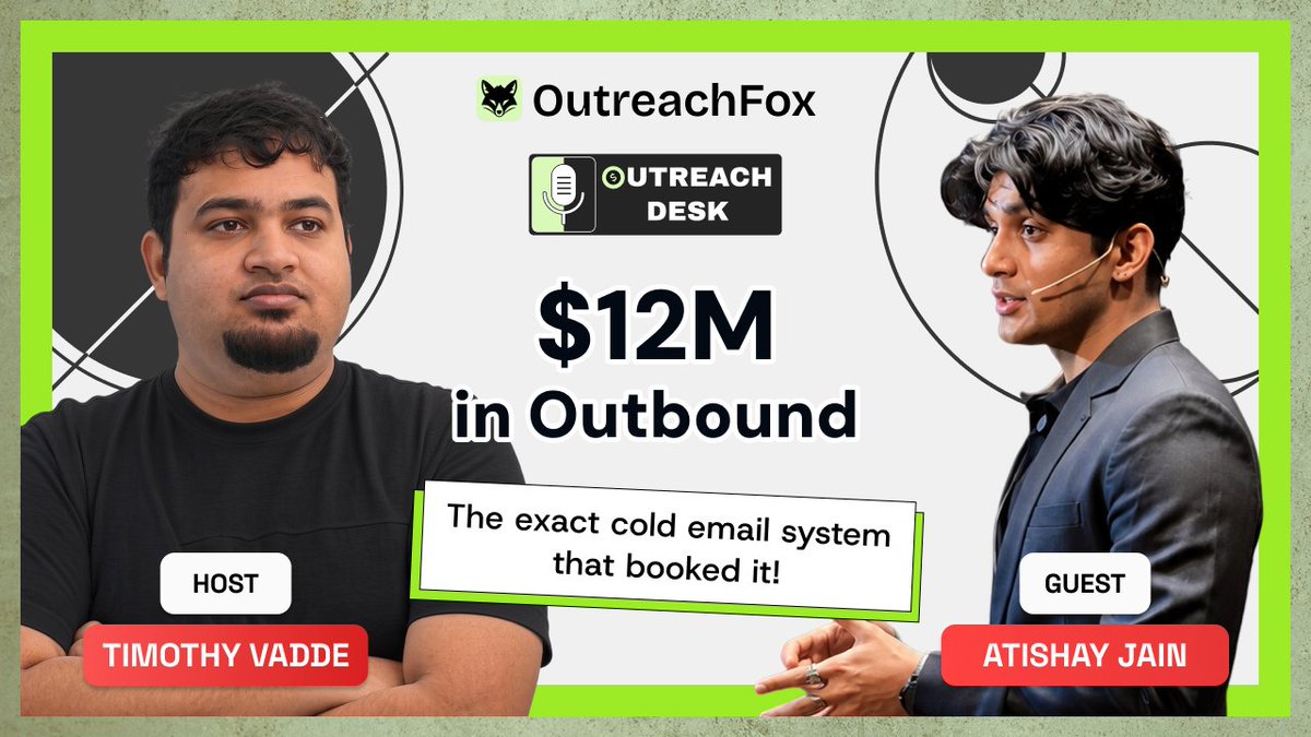 Outreachfox's tweet photo. Missed it live? The full $12M outbound breakdown with @timothyvadde  &amp; @atishayhyperke  is up now.

Real sequencing, real targeting, live Q&amp;A.

Watch 👉 https://t.co/ciU653LqV5 https://t.co/fX0LBc3bM3