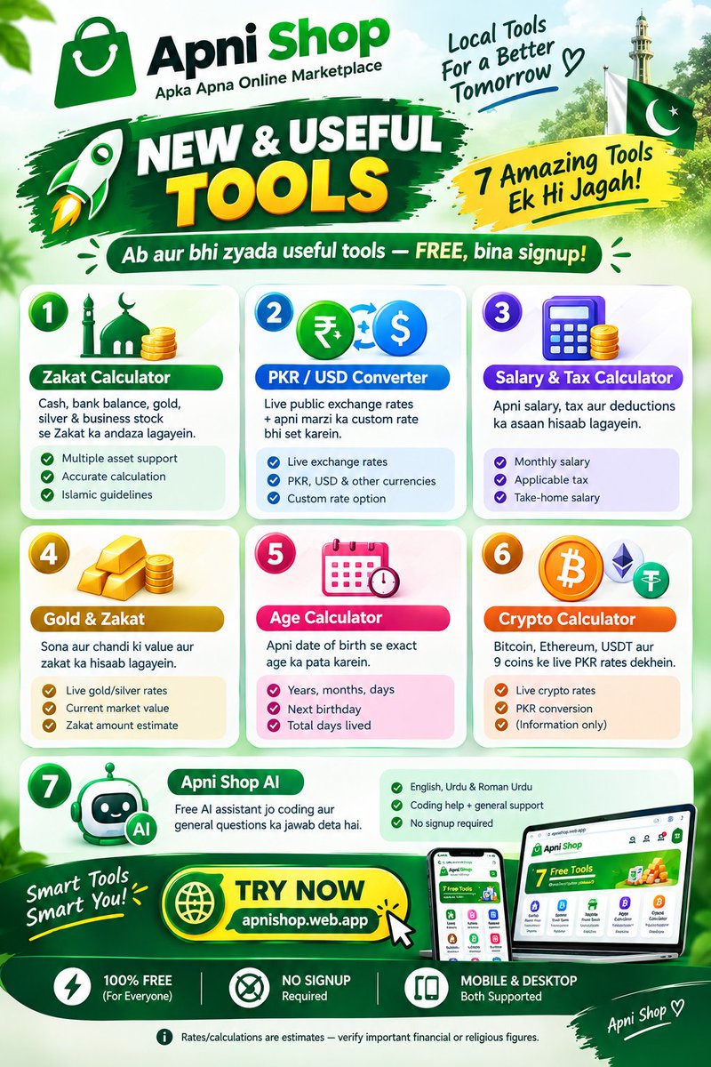 MuBaShArArZo's tweet photo. 🚀 APNI SHOP PAR AB AUR BHI ZYADA USEFUL TOOLS!
Ek hi jagah par: 🕌 Zakat Calculator
💱 PKR / USD Converter
🧮 Salary &amp; Tax
🪙 Gold &amp; Zakat
🎂 Age Calculator
₿ Crypto Calculator — 9 coins
🤖 Apni Shop AI
✨ FREE • NO SIGNUP • MOBILE &amp; DESKTOP
🌐 https://t.co/2e5SPn1ZcA https://t.co/8M8Qwyel3T
