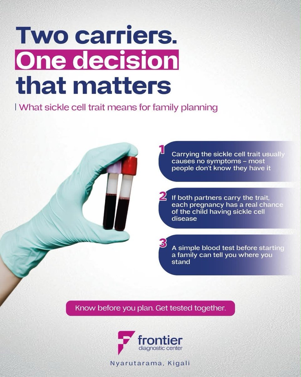 Frontierclinics's tweet photo. Both partners carry sickle cell trait? Each pregnancy has a 1 in 4 chance of sickle cell disease.

A simple blood test can help you plan with confidence.

Know before you plan. Get tested together.

#SickleCell  #HealthScreening https://t.co/iQ6XX6Cg0G