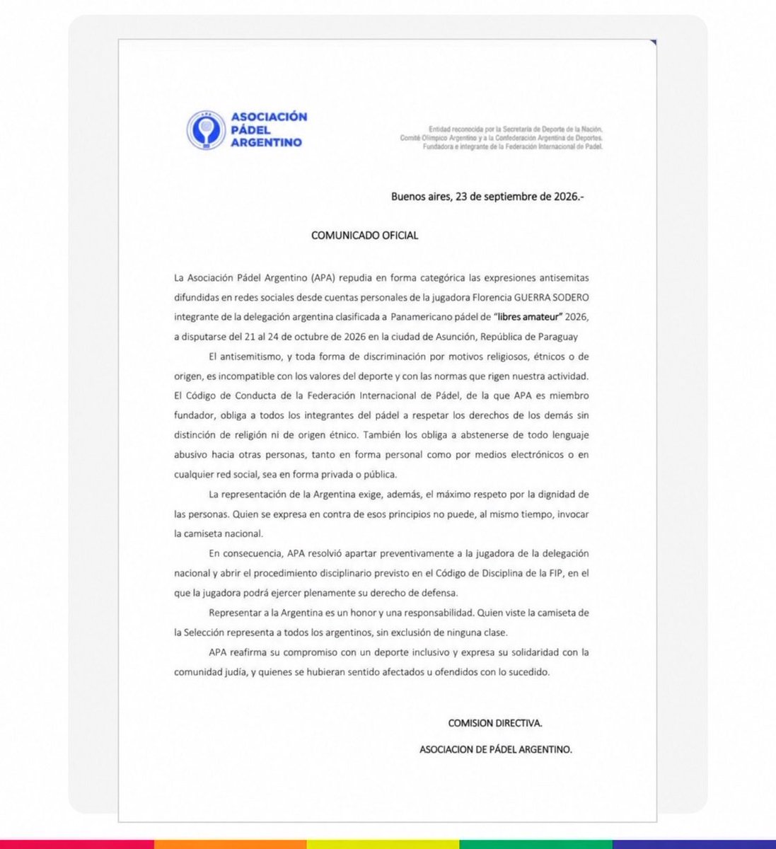DAIAArgentina's tweet photo. Valoramos la decisión adoptada por la Asociación Pádel Argentino, que repudió categóricamente las expresiones antisemitas difundidas en redes sociales por una integrante de la delegación nacional y resolvió apartarla preventivamente e iniciar el procedimiento disciplinario correspondiente.

Sostenemos que representar a la Argentina constituye un honor y una responsabilidad. El antisemitismo y toda forma de discriminación son incompatibles con los valores del deporte y con la dignidad de las personas.

Reafirmamos nuestro compromiso con la construcción de una sociedad inclusiva, respetuosa y libre de antisemitismo y discriminación.