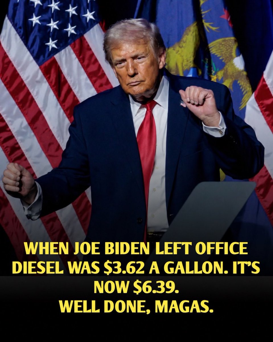 JerryWillResist's tweet photo. When Joe Biden left office in January 2025, the national average price of diesel was approximately $3.63 per gallon. Today, AAA lists the average at roughly $6.50-an increase of nearly 80% and a new national record. https://t.co/3JZh5BgaaT
