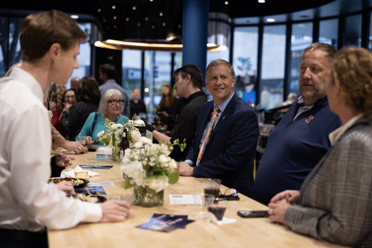 UofILSystem's tweet photo. At last night's reception at @Distillery_Labs, we thanked the leaders, organizations, and advocates whose partnership has shaped what we're able to do for Greater Peoria. We reaffirmed our commitment to forging ahead together, ready to write the next chapter in Peoria's story. https://t.co/IXa873uL1M