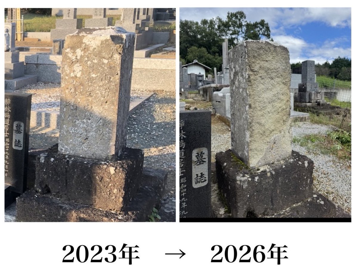 tochigi_chousa's tweet photo. 連休中、3年前に見つけた曽祖母生家の墓地を訪れました。当時はかろうじて読めた五世祖父母の墓石が風化により剥落し、文字は無くなっていました。
昨今の墓じまいや石の風化により、先祖のお墓を探すことは段々難しくなると思うと、今のうちにできる限り探し、記録に残しておかなければと感じました。 https://t.co/4Eq3hlWTlG