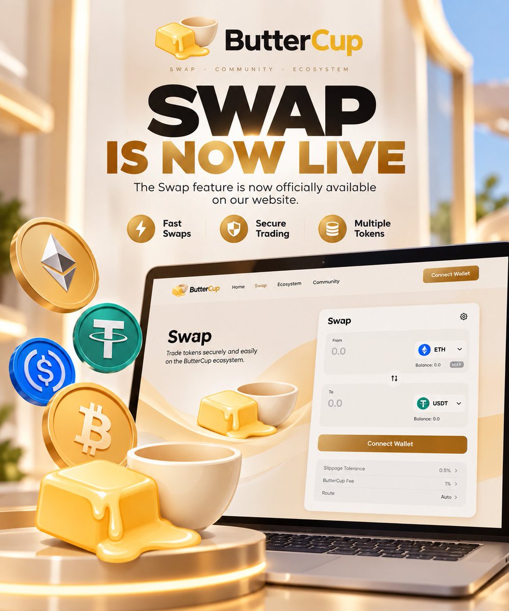 ButterCup_Coin's tweet photo. BUTTERCUP SWAP IS NOW LIVE 🔄

The Swap feature is now officially available on the ButterCup website.

You can now access the Swap section and trade several supported tokens directly through our official website.

More tokens and features will be introduced as the ButterCup ecosystem continues to grow.

🌐 https://t.co/XorSdlfOCB

$BUTTERCUP 🧈☕️