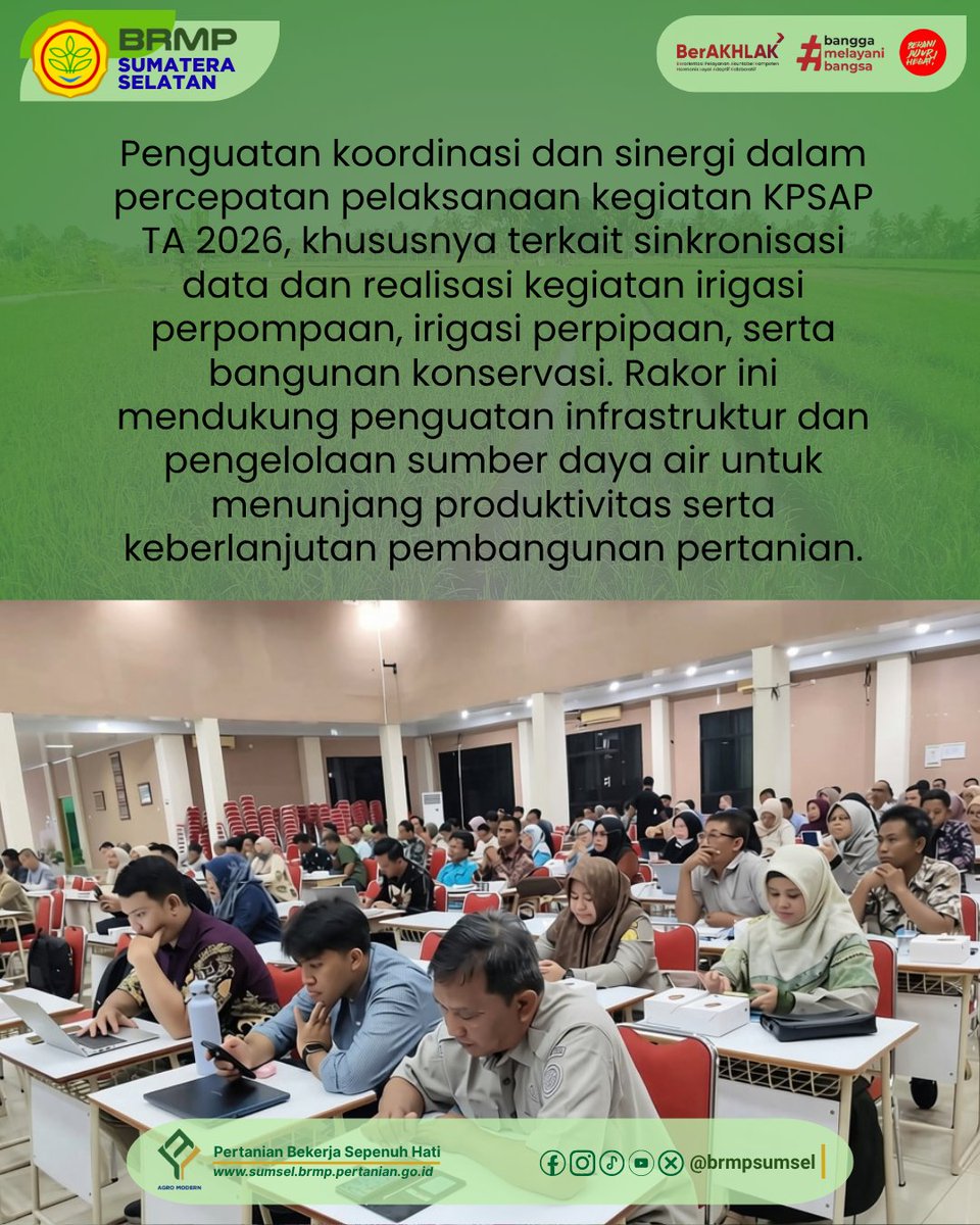 brmpsumsel's tweet photo. Perkuat Sinergi, BRMP Sumsel Hadiri Rakor Percepatan Kegiatan KPSAP TA 2026

Baca berita selengkapnya di link :
https://t.co/HY3VgLtANm

#BRMPSumsel #KPSAP #IrigasiPertanian #KementerianPertanian #SwasembadaPangan https://t.co/OxwDPQnJ4e