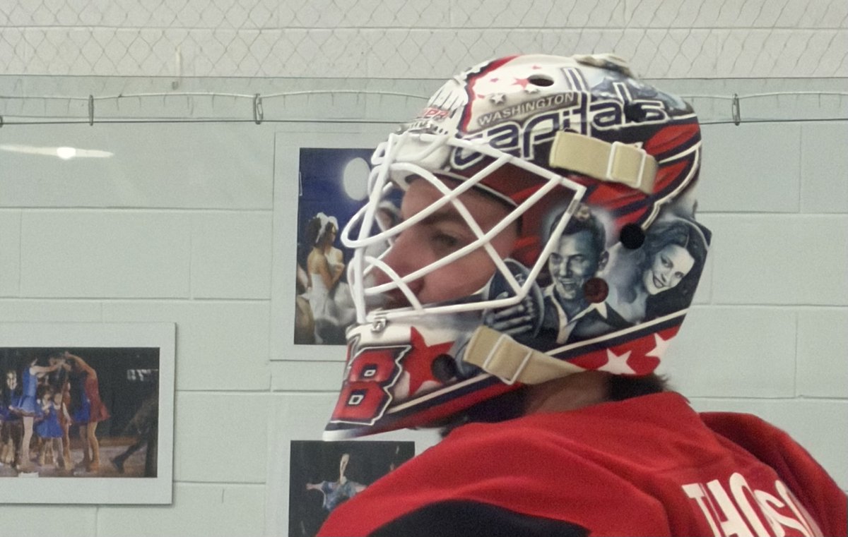sammisilber's tweet photo. More shots of Logan Thompson's new mask. Believe it's "Wedding Crashers" themed. https://t.co/ehJBrtPc2S
