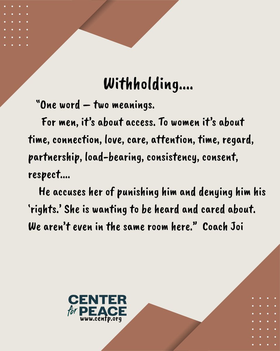 coach_joi's tweet photo. On the surface, it might sound like the same conversation, the same hope or desire. We aren't even in the same room on this point. #abuse #targetedpartnerabuse© #coercivecontrol #withholding #consent #autonomyrespect #punishing #respect #partnership #onewordtwomeanings #cenfp https://t.co/VFkzKTIYaI